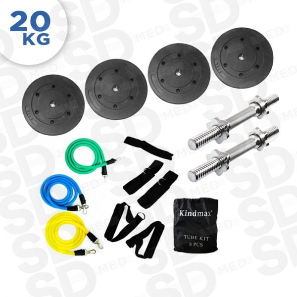2 mancuernas +discos + kit 8 piezas